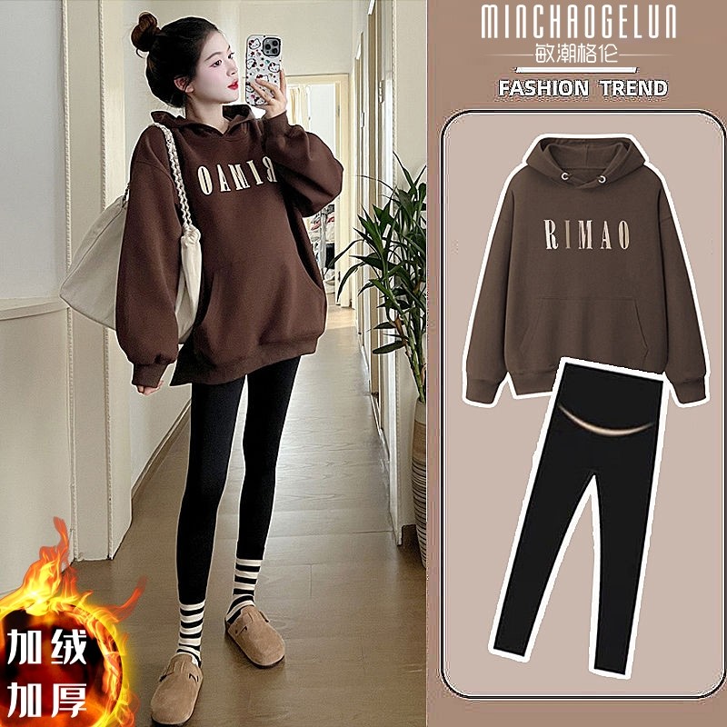 新款秋冬季穿搭日系连帽孕妇棉卫衣女大码小众慵懒焦糖色上衣