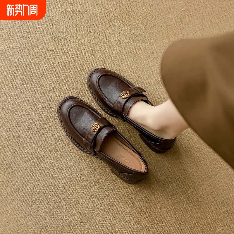 意尔康心选手工软底乐福鞋女2026新款春秋中跟包鞋覆古小皮鞋