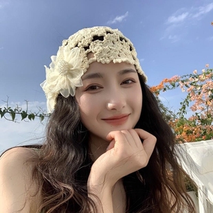 薄款 毛线帽 镂空手工钩针帽子编织夏季 头巾包头帽春秋蕾丝花朵时尚