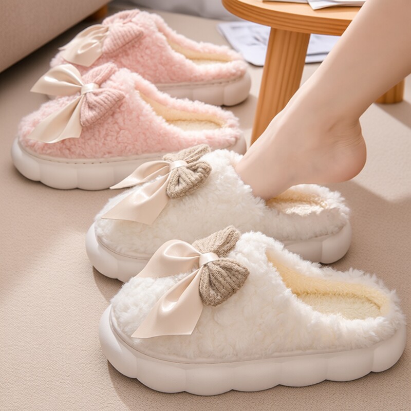 棉拖鞋女蝴蝶结情侣家居居家厚底毛毛拖鞋保暖室内月子鞋秋冬季