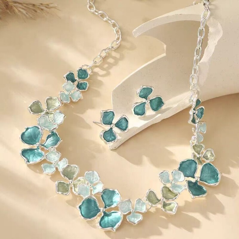 优雅珐琅项链耳饰套装蓝色花朵高级感金边气质百搭配饰锁骨链颈链