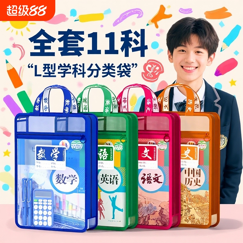 开学季L型大开口科目袋