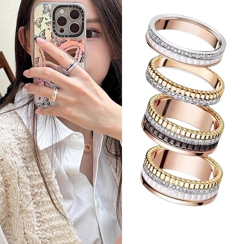 戚薇同款陶瓷齿轮戒指女18k玫瑰金轻奢食指戒叠戴风指环排钻网红