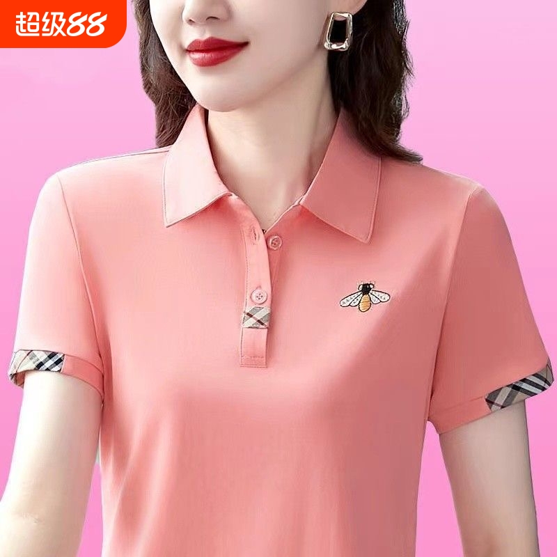 女士t恤短袖夏季polo衫翻领上衣2023新款中老年女装宽松妈妈薄T