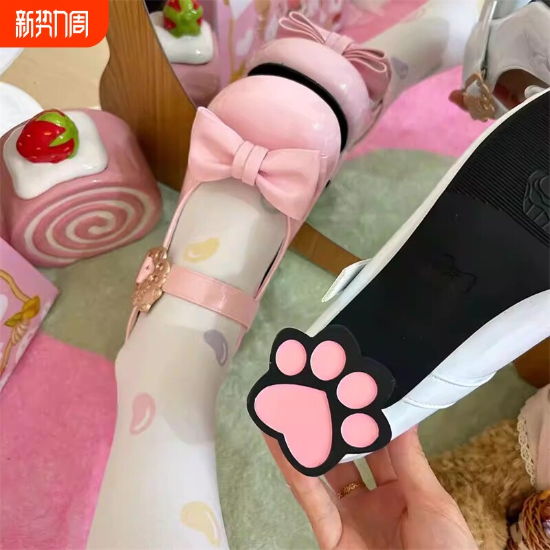 蔻孜现货猫咪酱2.0猫爪跟圆头中跟lo鞋白色粉色棕色蝴蝶结蓝色