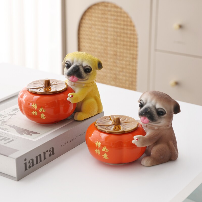 柿柿如意烟灰缸陶瓷缸柿子个性创意家用客厅防飞灰缸摆件带盖卧室