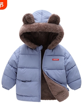 儿童棉衣男女童连帽加绒加厚外套宝宝秋冬季棉服棉袄A167黑色红色