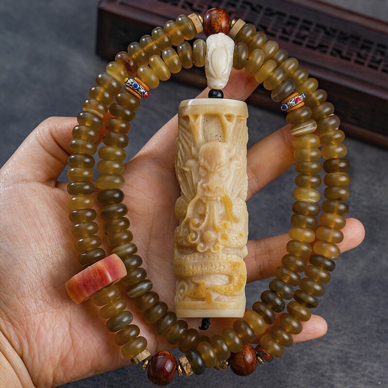 仿穿山甲羊角佛珠成品串108颗白料龙头三通龙柱吊坠半血六棱跑环