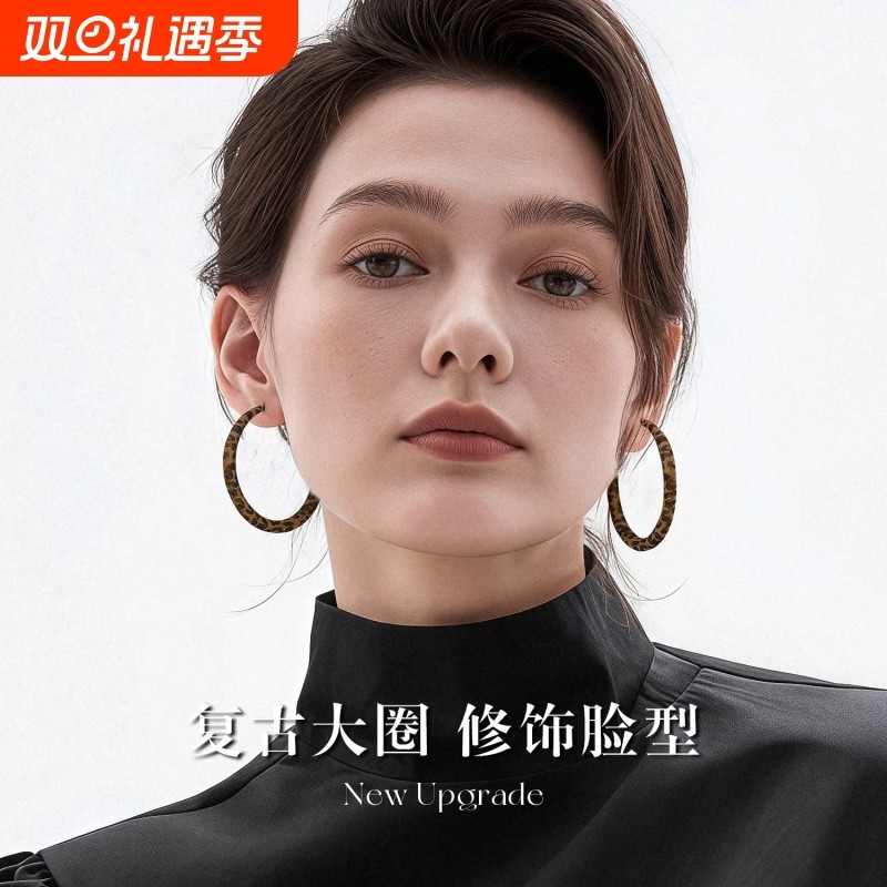 简约几何方形豹纹耳圈欧美独特气质小众设计感显脸小耳环秋冬耳饰