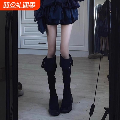 他她女孩黑色长筒靴女新款冬季厚底过膝靴绒面长靴高筒骑士靴高跟