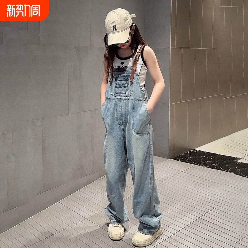 春秋季洋气女童背带裤韩版宽松儿童新款吊带裤子中大童时髦牛仔裤