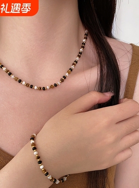 天然虎眼石串珠项链新中式高级感毛衣链复古碧玺秋冬天然石配饰女