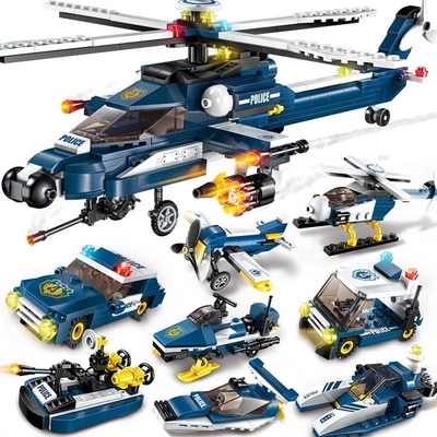 积木中国玩具男孩子益智拼装飞机城市警车警察系列直升机兼容乐高