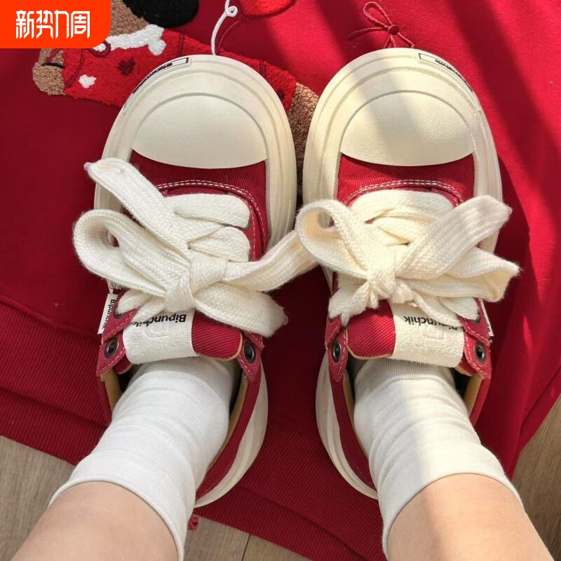 新款红白色小众设计大头鞋女百搭滑板鞋增高帆布鞋红色休闲黑色