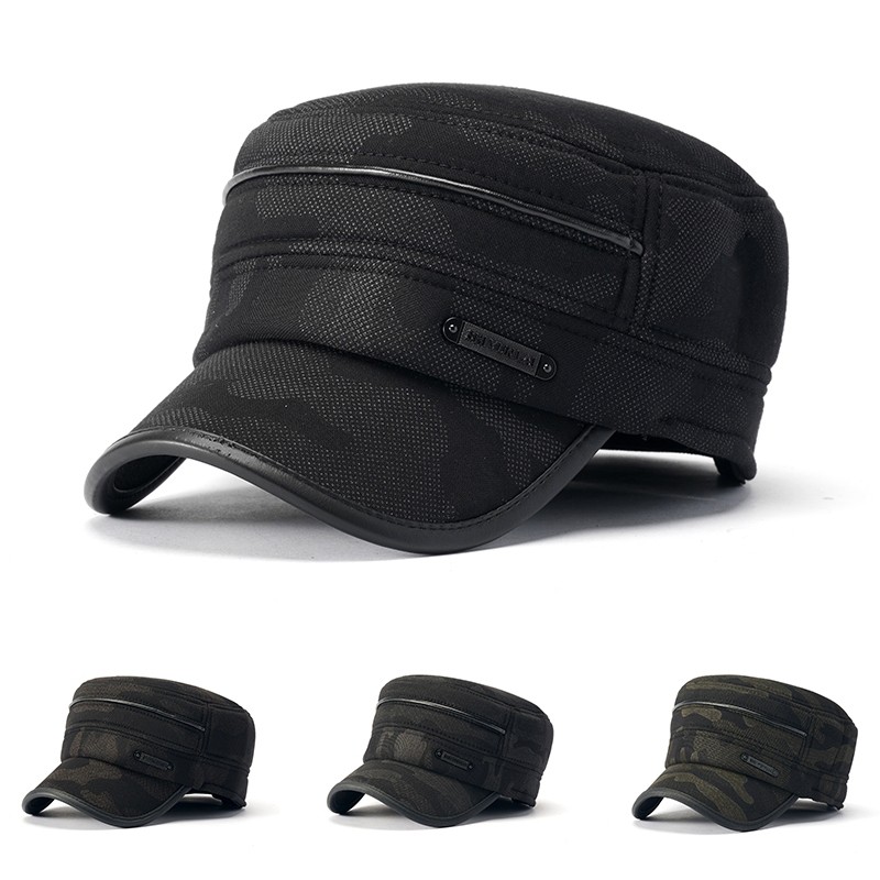 迷彩平顶鸭舌帽子男士中老年爸爸爷爷冬季保加厚护耳休闲鸭舌帽子