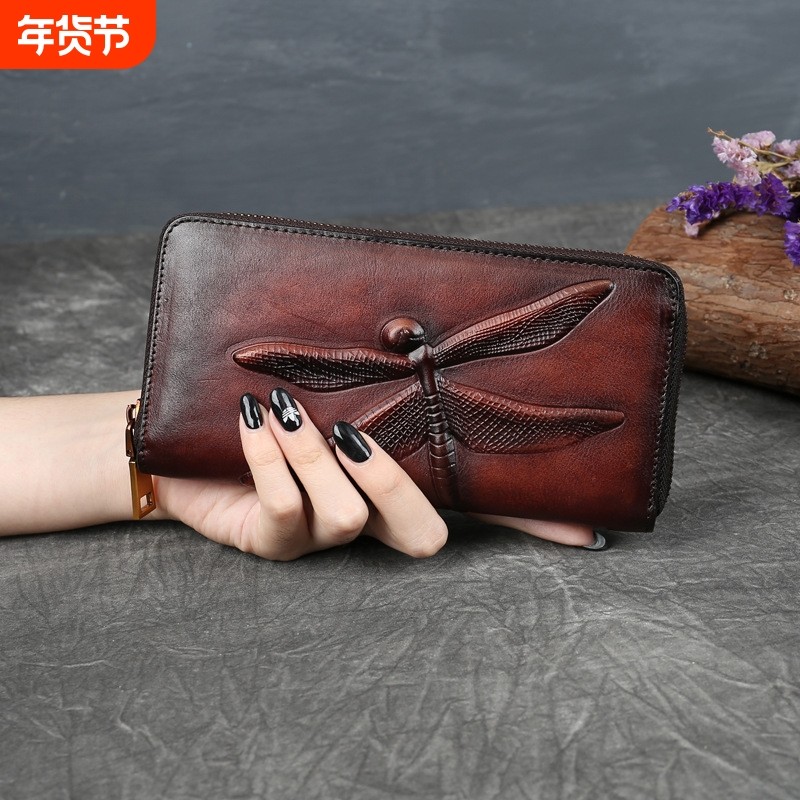 跨境头层牛皮复古钱包蜻蜓压花长款手拿包真皮大容量女士钱包卡包,箱包皮具/热销女包/男包,钱包,淘宝优惠券,粉丝福利购,淘宝优惠卷