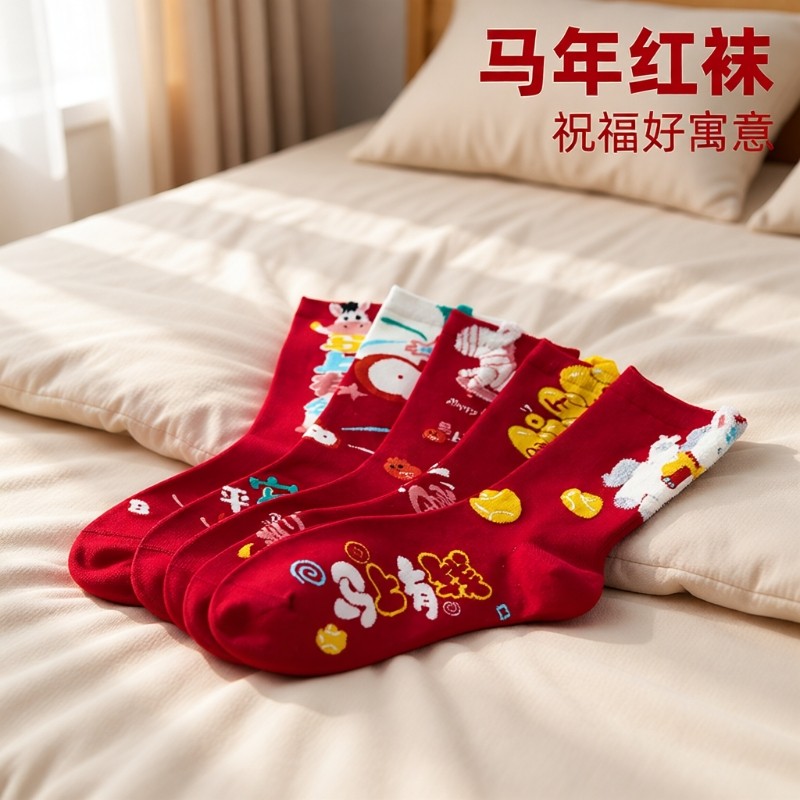 2026马年本命年红袜子女款纯色棉袜中筒袜秋冬季新款新年保暖长袜