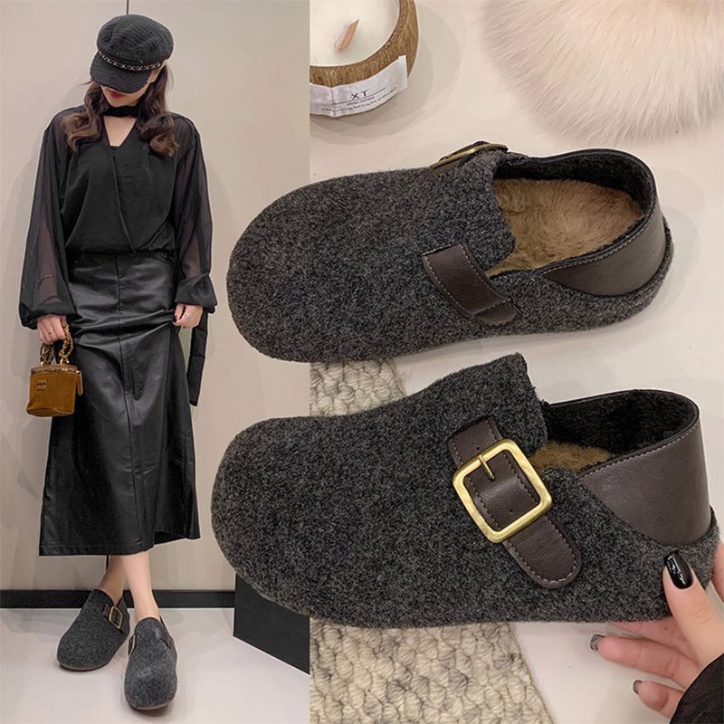 厚底勃肯鞋女2025年秋冬新款两穿加绒保暖雪地靴毛毛棉鞋灰色牛皮