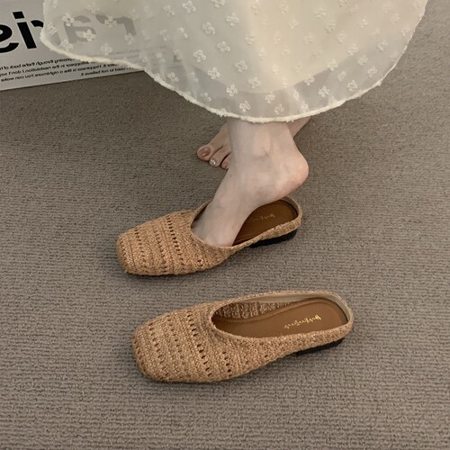 编织半拖鞋女外穿2026春夏季配裙子包头勃肯鞋黑色羊皮法式蓝色