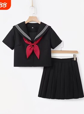 正统jk制服女裙套装原创不良黑三本黑色长短袖基础款水手中间服