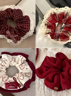 韩系新年氛围红色大肠格子发圈发绳女生高级秋冬发圈复古头绳头饰