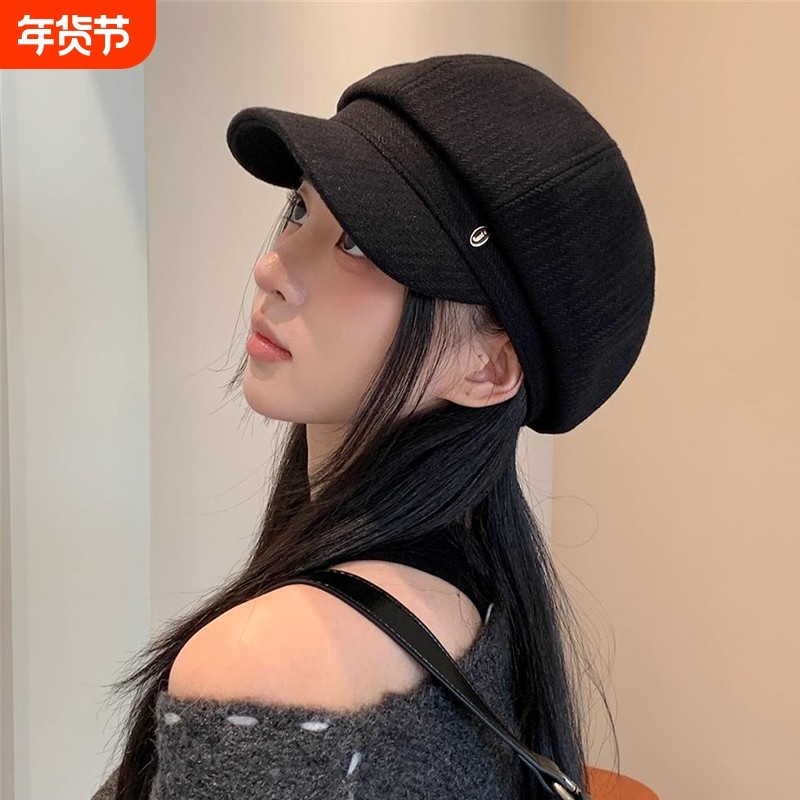 帽子女春秋季韩版八角帽显脸小画家帽复古鸭舌贝雷帽黑色蓝色休闲
