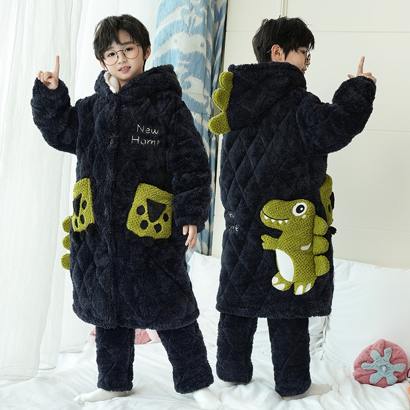 男童秋冬季法兰绒夹棉睡袍家居服