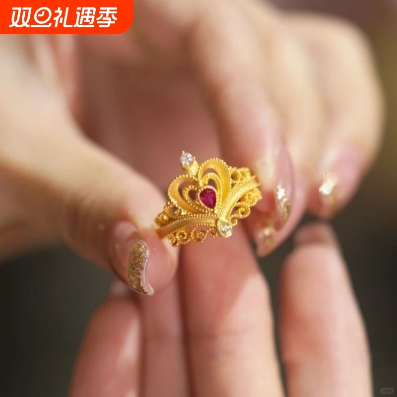 Vintage古法镂空爱心皇冠戒指女镶嵌锆石轻奢国风复古宫廷风手