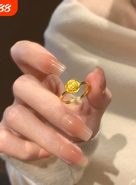 法式复古玫瑰花戒指女黄金色