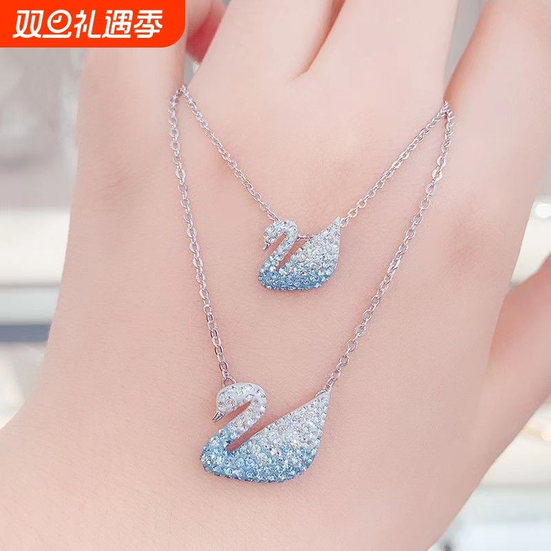 施家1:1对版渐变蓝天鹅玫瑰金黑天鹅项链女施华洛天鹅锁骨链代发