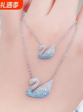 施家1:1对版渐变蓝天鹅玫瑰金黑天鹅项链女施华洛天鹅锁骨链代发