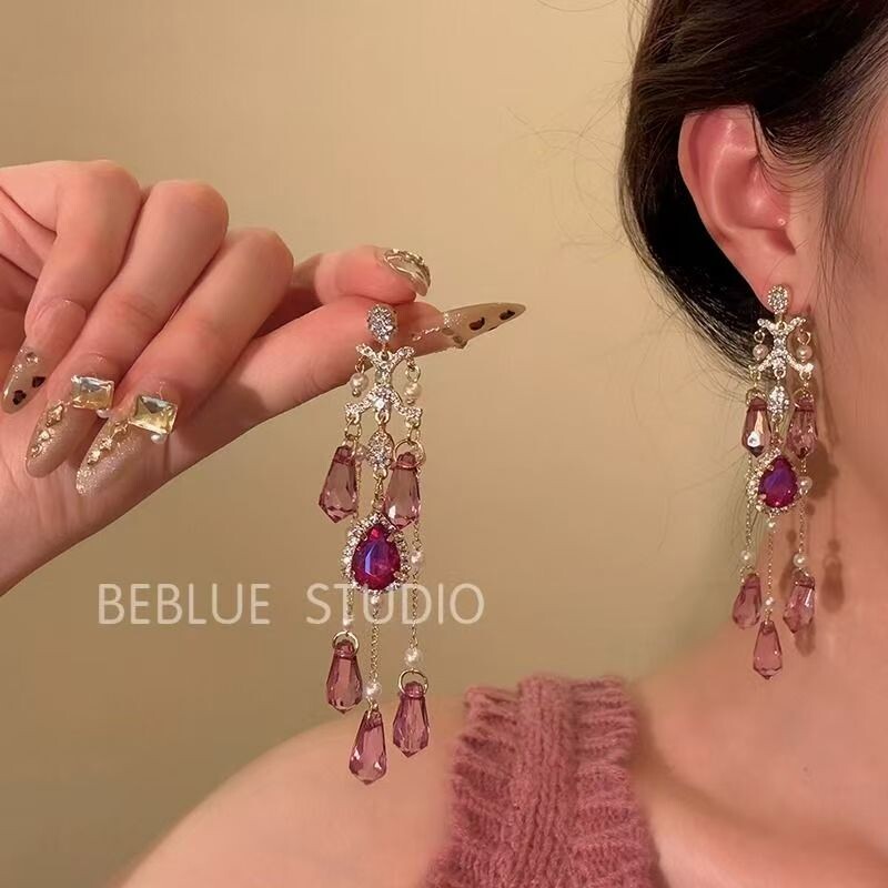 华丽女主~法式温柔高级感耳钉锆石耳环气质精致水滴流苏耳饰