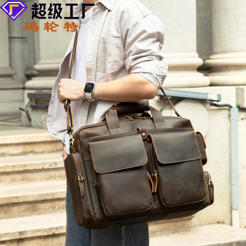 复古头层牛皮公文包男士真皮手提包16寸电脑包大容量单肩斜挎包