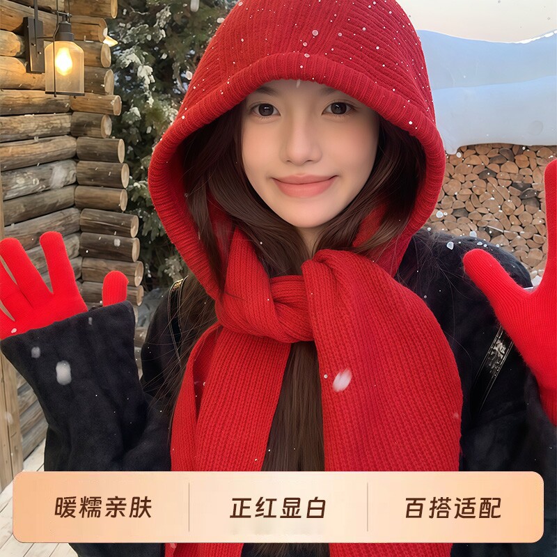 红色巴拉克拉法帽女秋冬季保暖毛线帽子围巾一体连帽围脖针织帽冬