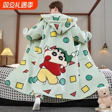 珊瑚绒睡衣男秋冬季加厚加绒保暖卡通睡袍长款男生家居服蜡笔小新