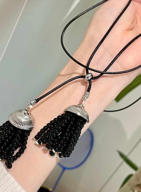 黑色串珠双莲流苏项链女高级感大气皮绳锁骨链时尚秋冬毛衣链配饰