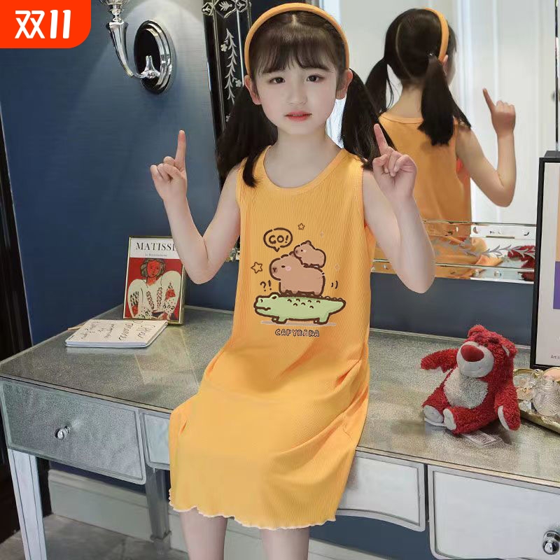 卡皮巴拉夏季冰丝女童睡裙儿童吊带背心裙大童女孩莫代尔亲子睡衣