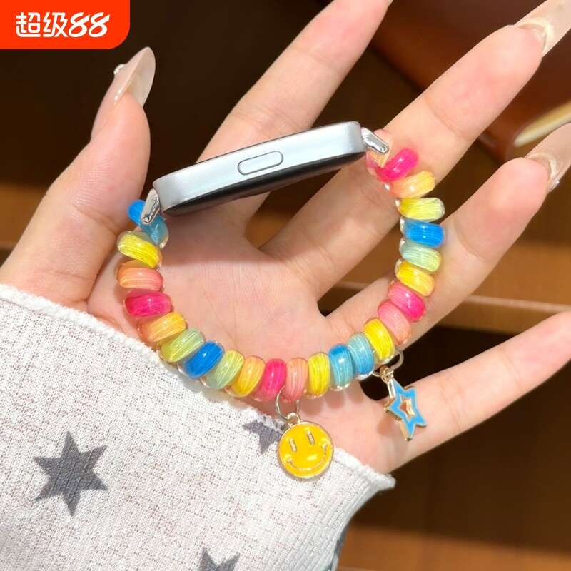 适用华为手环11/10/9/8表带弹力彩虹色电话线圈手链nfc版八九十代腕带个性11pro替换手表带高级感ins风夏图片