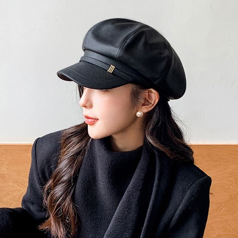 皮质八角帽女2024新款英伦复古报童帽大头围百搭街头鸭舌贝雷帽子