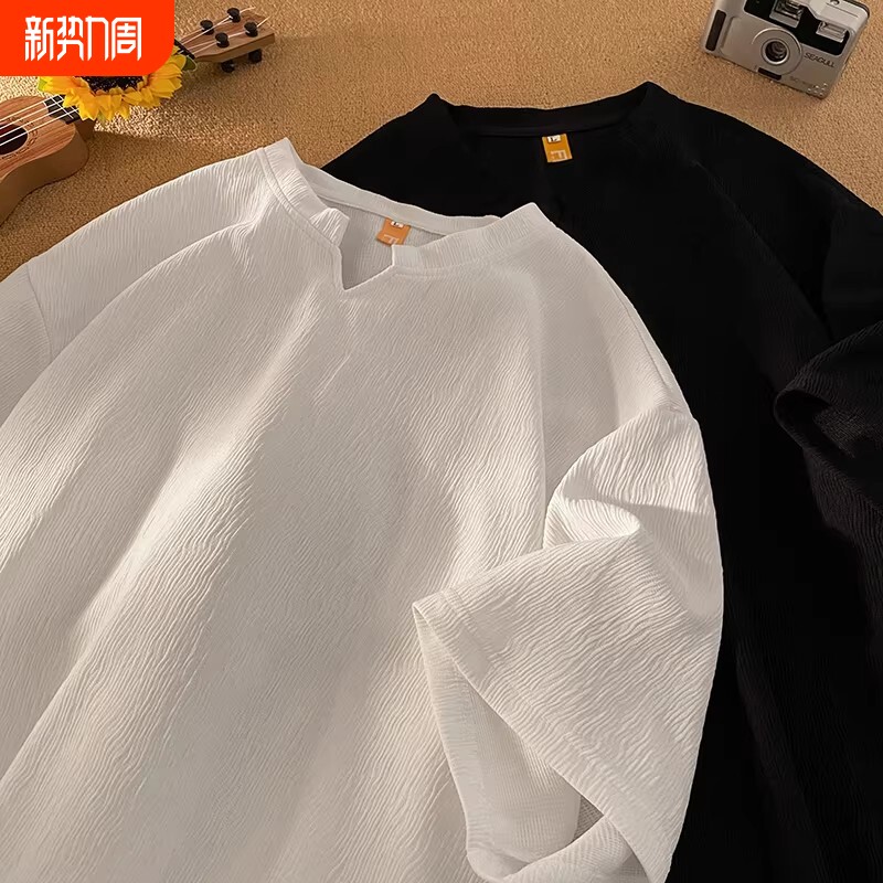 V领冰丝短袖t恤男夏季宽松凉感男士半袖衣服潮牌潮流2026新款体