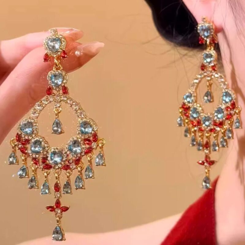 复古宫廷风微镶彩色锆石流苏耳钉轻奢高级感重工气质耳饰