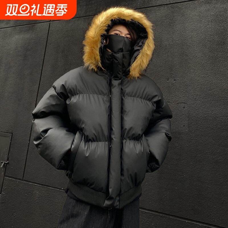 户外冬季毛领外套连帽PU皮面包服男士加厚短款羽绒服情侣百搭潮流