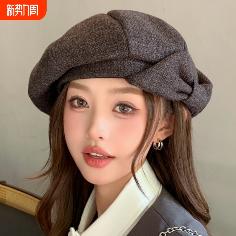 蝴蝶结贝雷帽女春秋时尚显脸小八角帽子韩版百搭甜美华夫格画家帽