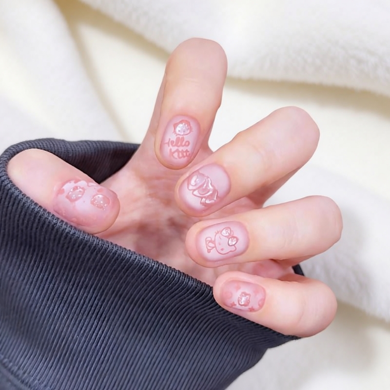 可爱磨砂KT猫穿戴甲手绘新款猫眼美甲立体少女心粉色显白手工甲片