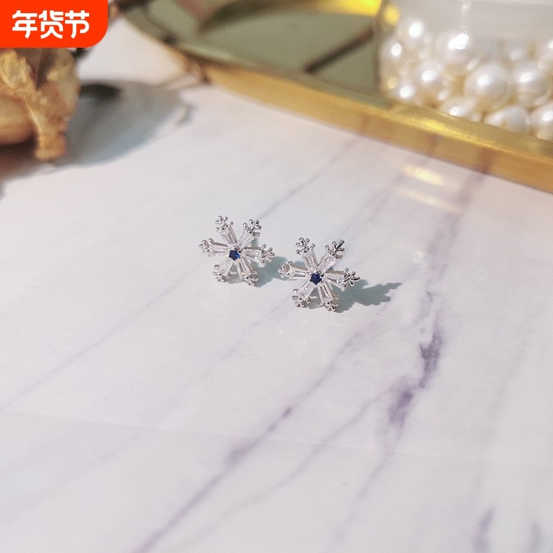 s925纯银锆石雪花耳钉女韩版气质淑女学生满钻冰花耳环银耳饰