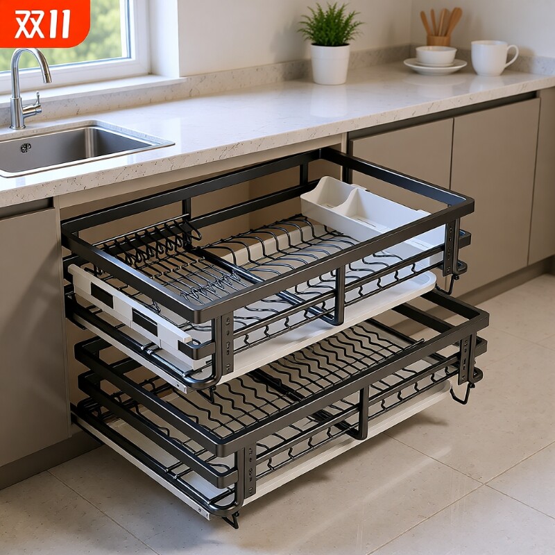 百悍拉篮厨房碗篮调料橱柜抽屉式碗碟碗架置物架碗柜双层柜体沥水