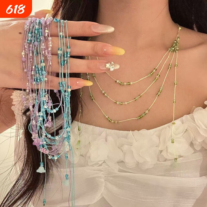 夏日多层叠戴多巴胺彩色串珠小花项链女小清新锁骨链甜美森系颈链