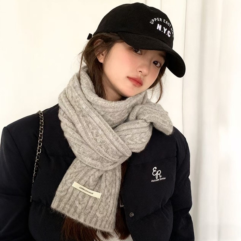 2025新款灰色针织围巾女秋冬含羊毛高级感保暖加厚感围脖紫色蓝色