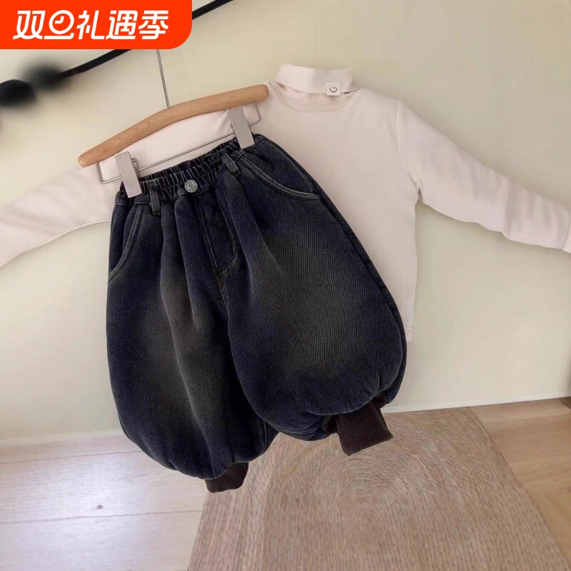 儿童加绒牛仔裤新款宽松洋气儿童裤子秋冬款一体绒长裤宝宝裤66