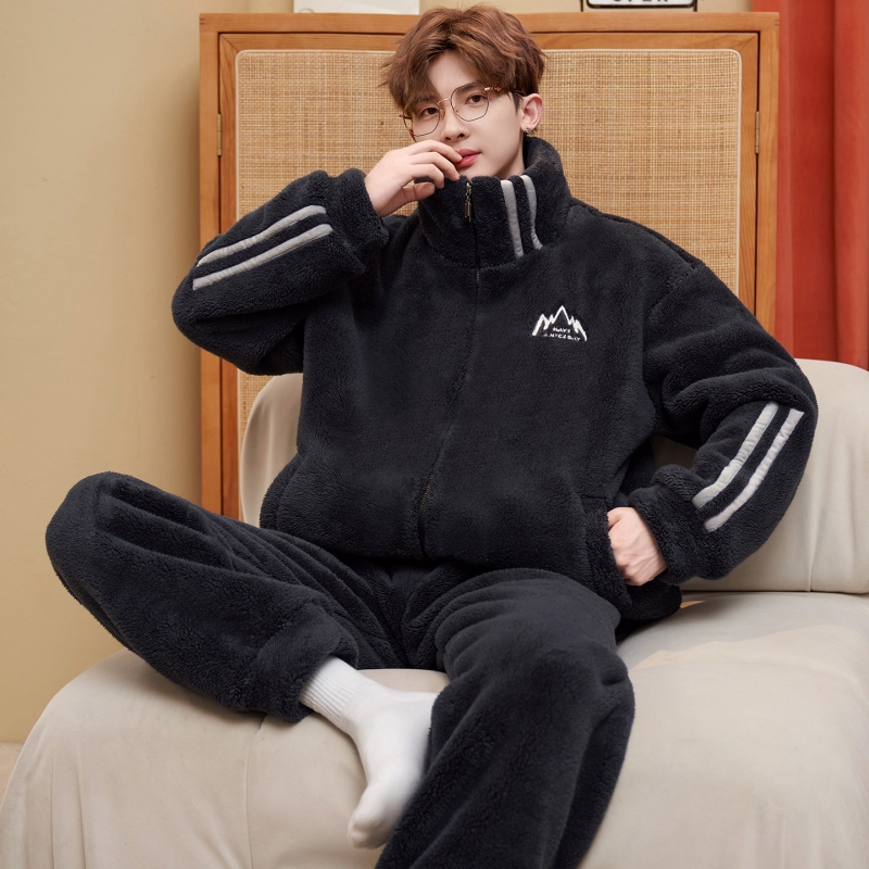 2025年新款珊瑚绒睡衣男士秋冬季款加厚加绒保暖法兰绒家居服套装